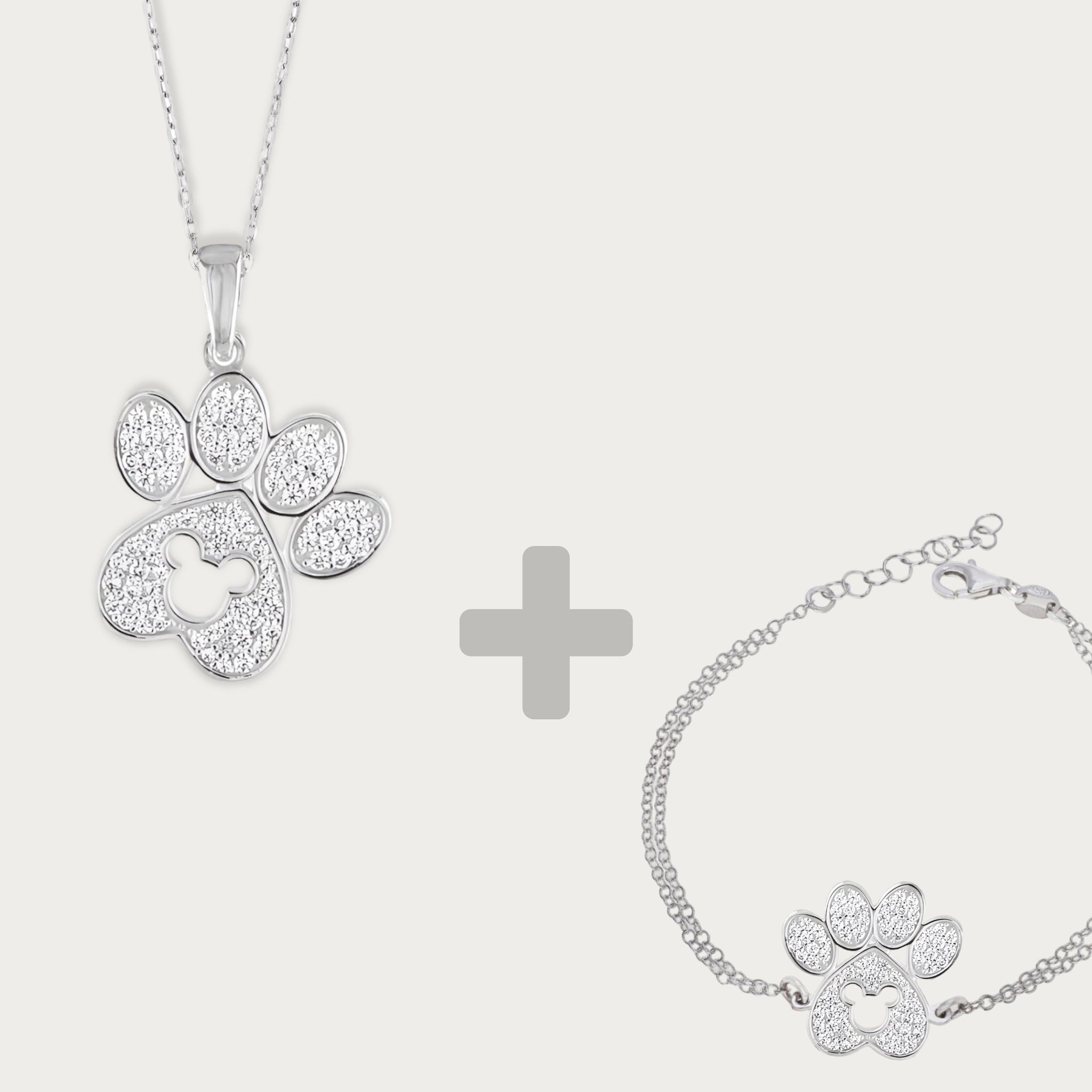 Silver Mickey Mouse Paw Necklace Bracelet Set